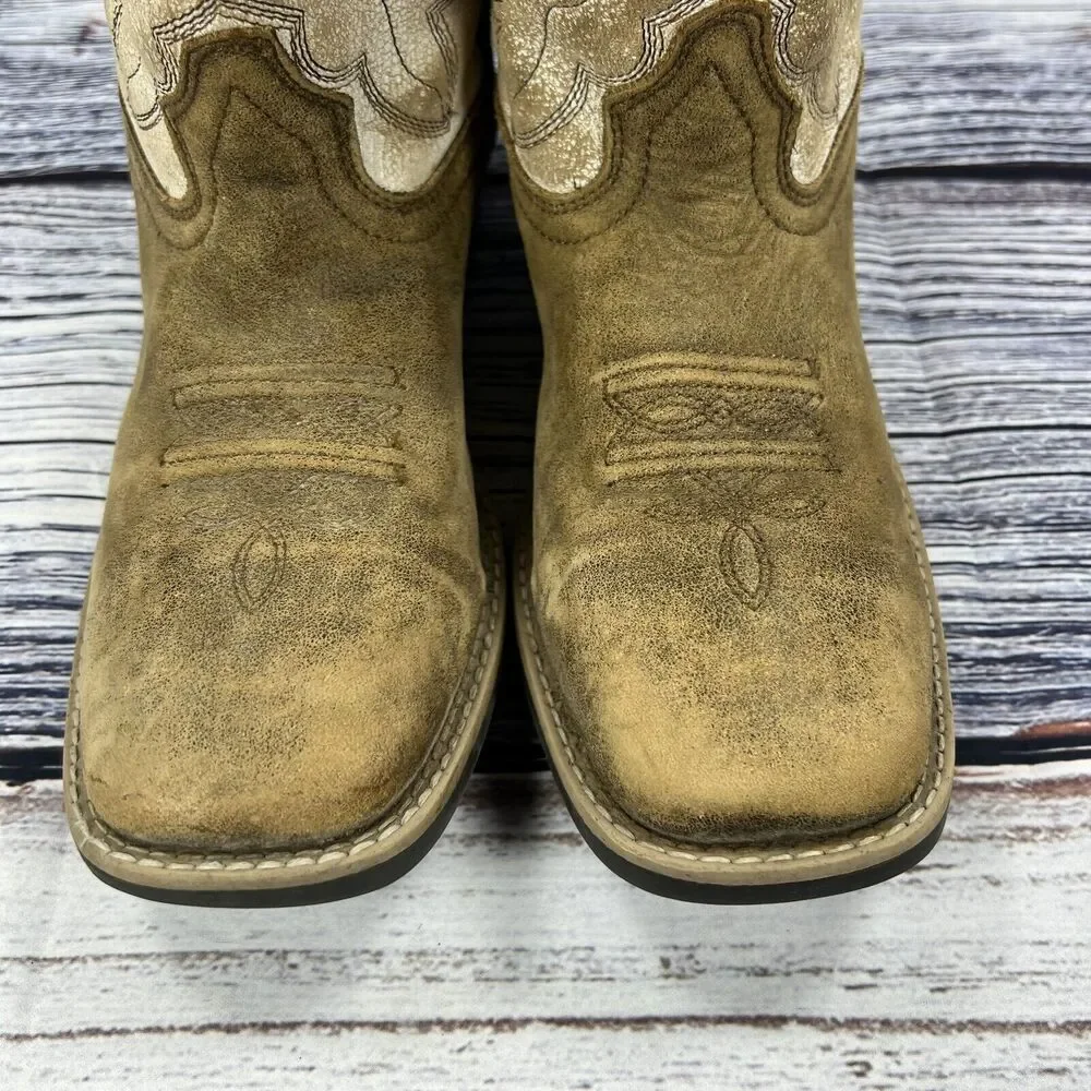Smoky Mountain Boots Drifter  Brown & White Leather Square Toe Western, Youth 5